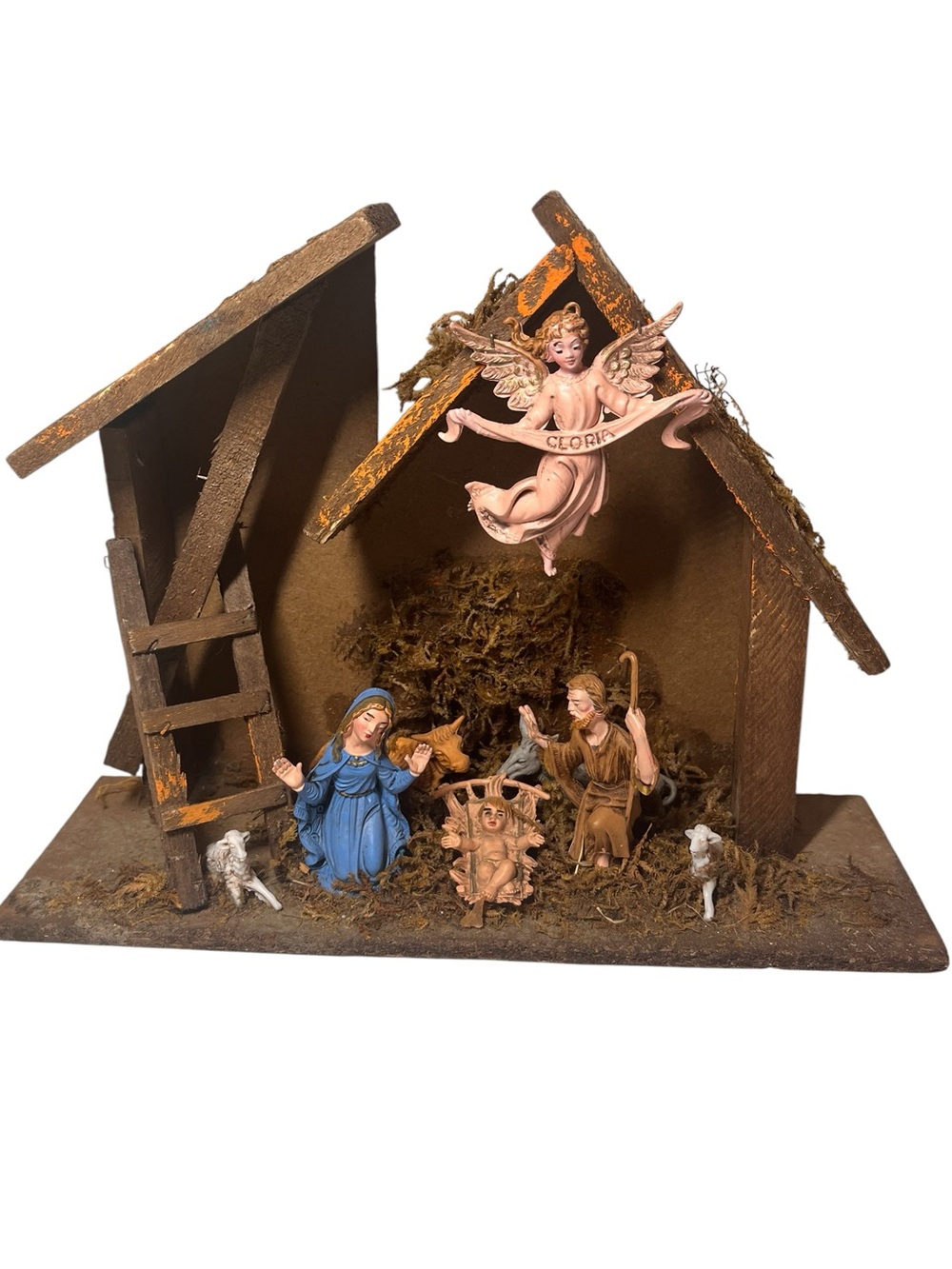 Vintage Italian Nativity Set Creche
Mid Century 
Wood Moss Manger
Italy